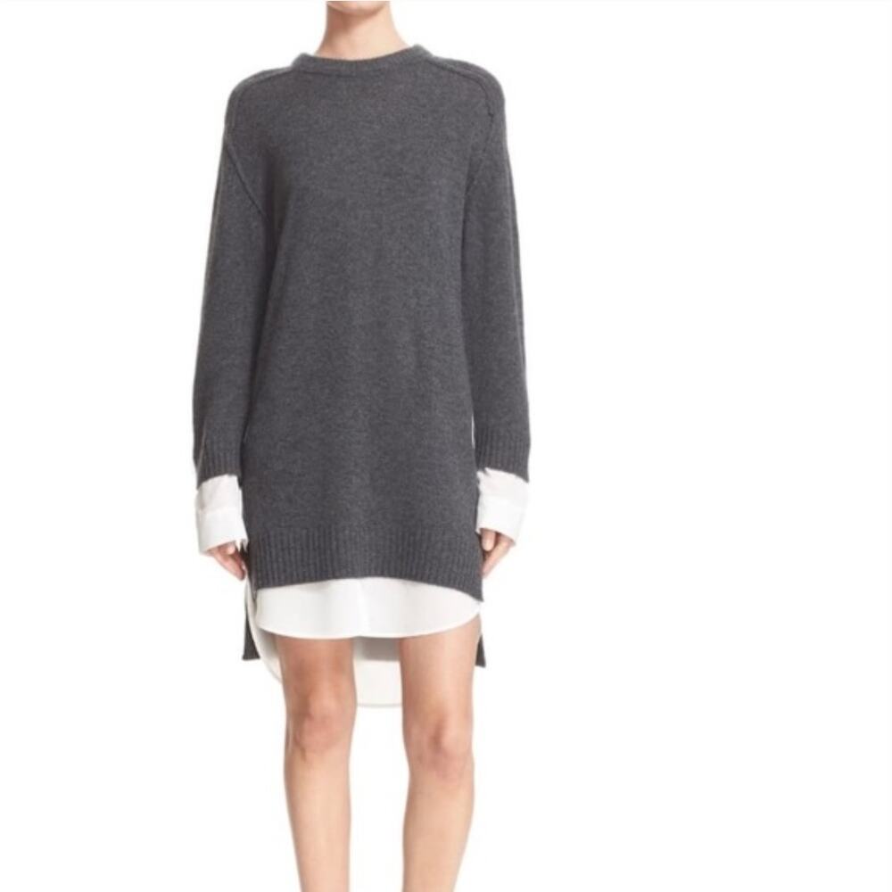 Brochu‎ Walker Layered Mini Sweater Dress Gray Wool Cashmere Crew Neck Sz XS